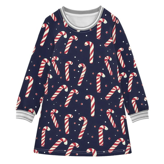 Girls' long-sleeved dress Christmas Candy Cane Girls' A-line dress with ribbed cuffs Soft and comfortable