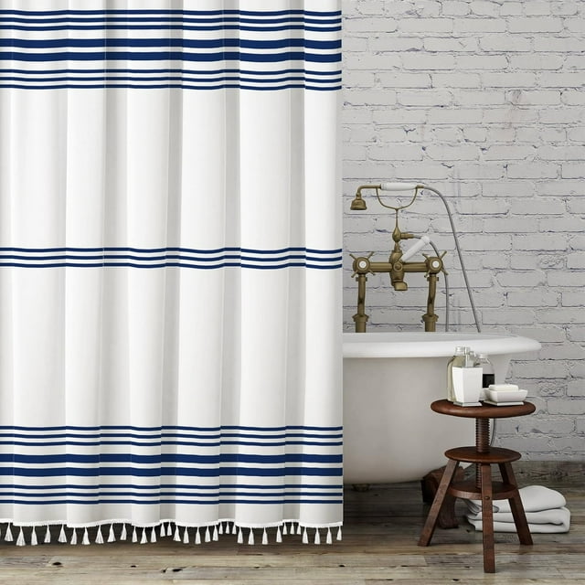 Cortina de ducha azul con borla para decoración de baño, cortina de ducha a rayas azules, cortina de baño de poliéster elegante
