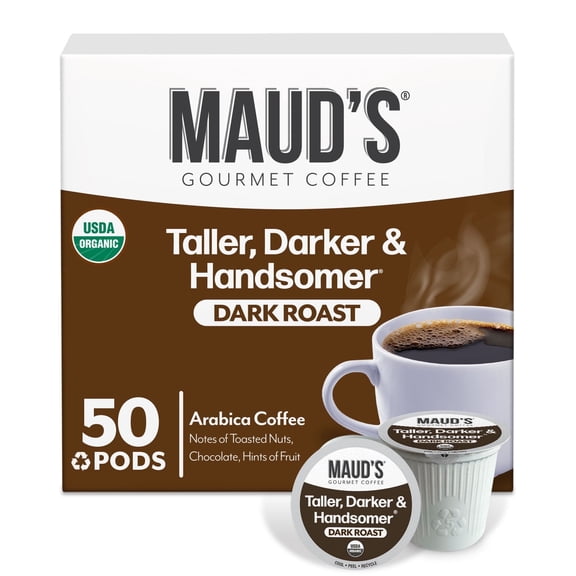 Maud's Organic Dark Roast Coffee Pods, 50 ct, Fair Trade & Single Origin Single Serve Pods – 100% Arabica Coffee, Compatible with Keurig K Cups Maker
