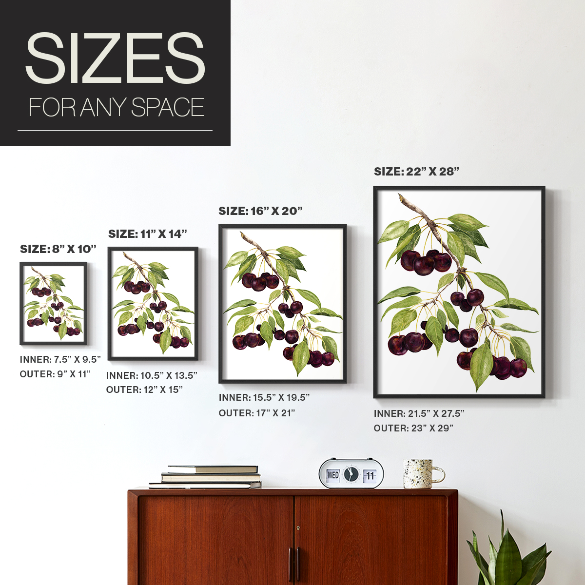 Watercolor Cherries Framed Print in Black Solid Wood 11 x 14 Framed Print