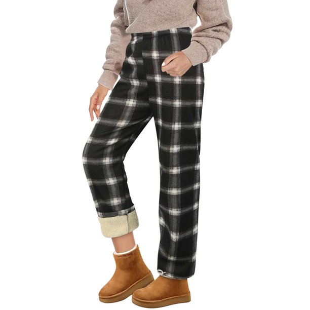 Gibobby pantalones de vestir Pantalones de pierna recta de felpa y engrosados en invierno 2023 Nuevos pantalones casuales cálidos de talle a cuadros de terciopelo de de imitación(Negro, S)