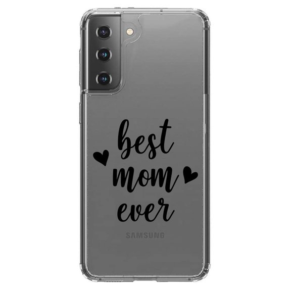 DistinctInk Clear Shockproof Hybrid Case for Galaxy S21 5G (6.2" Screen) - TPU Bumper Acrylic Back Tempered Glass Screen Protector - best mom ever - lowercase - hearts