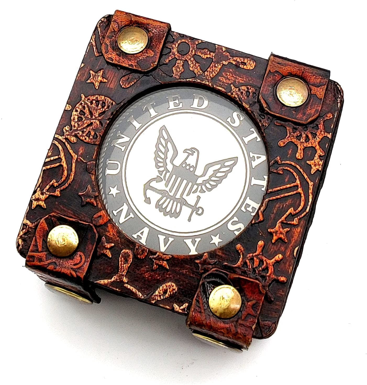 5MOONSUN5's US Navy Engraved Brass Military Compass Nautical Marine Gift A Perfect and Unique Gift for Army Person Survival Navigation Compass for Hiking Camping Hunting with Leather Display Case