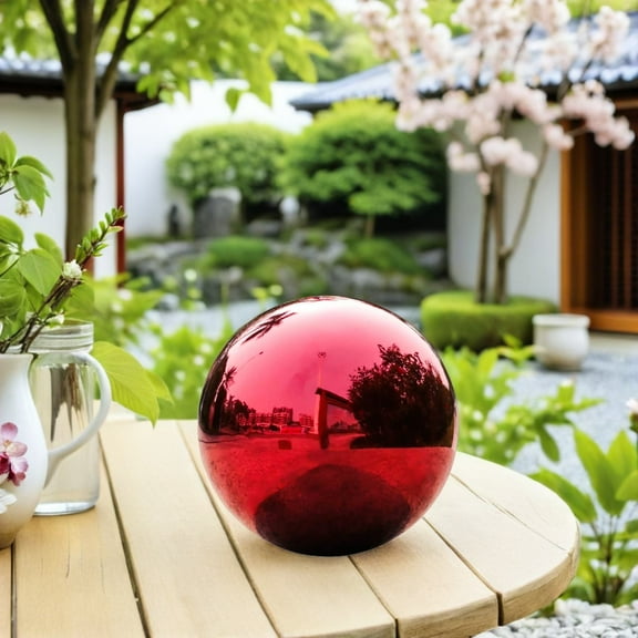 OUNONA Polished Red Stainless Steel Reflective Garden Sphere Decorative Gazing Globe for Patio, Yard, and Outdoor Spaces