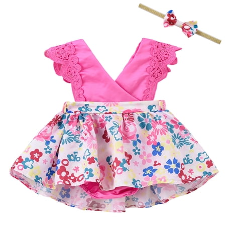 

RPVATI Newborn Infant Baby Toddler Clothes Lace Sleeveless Ruffle Bodysuit Headwear + Plaid Dress Set 2 Pieces Summer Outfits Set