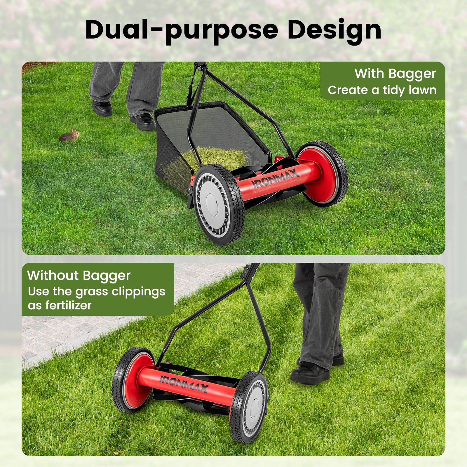 Topbuy Push Lawn Mower Cordless 14" Manual Reel Mower w/ 5-Blade 6.6 Gallon Removable Grass Catcher Red