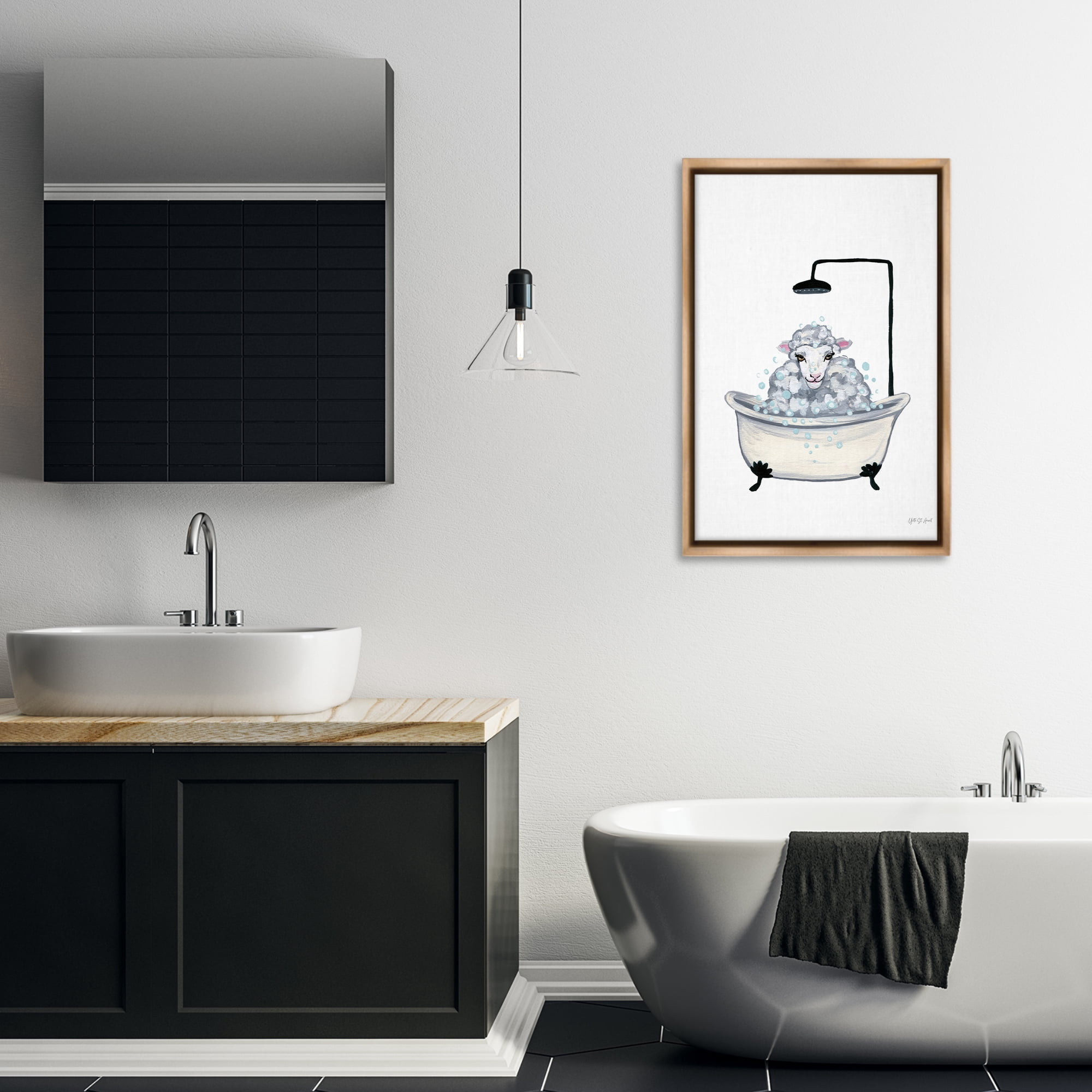 Stupell Industries Farm Sheep Bathtub Typography Painting Brown Floater Framed Canvas Art Print Wall Art, 21 x 31