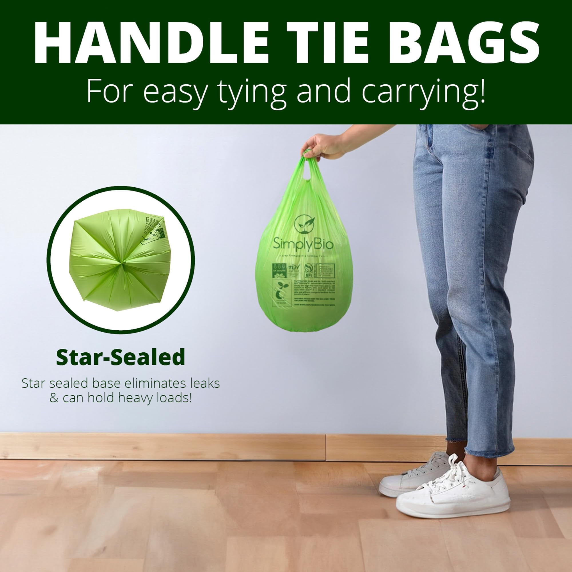 Simply Bio 1.6 Gallon Compostable Trash Bags Drawstring, Heavy Duty Extra Thick 0.6 Mil, 6.06 Liter, 50 Bags, Small Kitchen Food Scrap Waste Bag, ASTM D6400, US BPI and OK Compost Home Certified