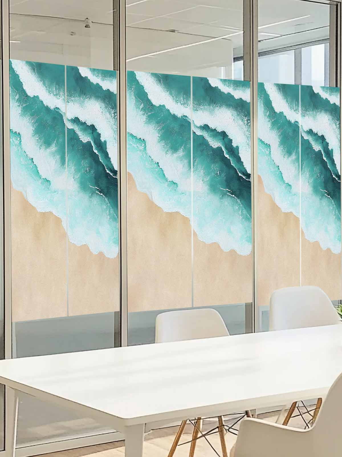 Abstract Watercolor Window Privacy Film, Gradient Green Waves Beach Seaside Frosted Glass Window Clings Static Cling UV Heat Blocking Reusable Door Sticker for Bathroom 23.6 x 59 Inch