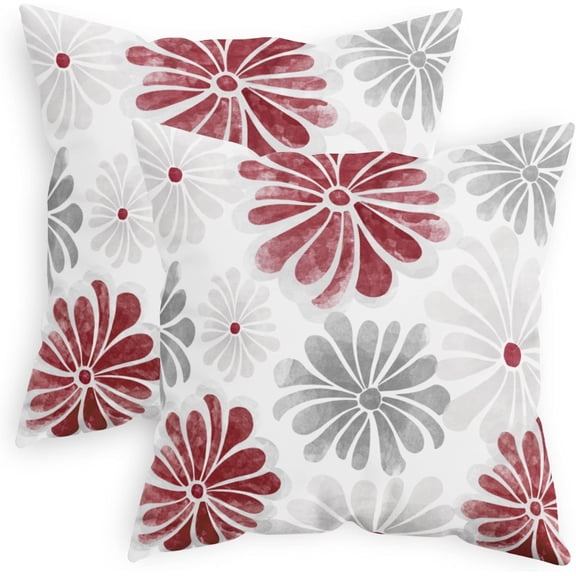 Throw Pillow Covers Decorative 20 X 20 Inches Pack of 2 Cozy Fleece Two-Tone Blooming Flowers Decorative Cushion Cases for Couch Bed Sofa Farmhouse Decoration Burgundy Grey