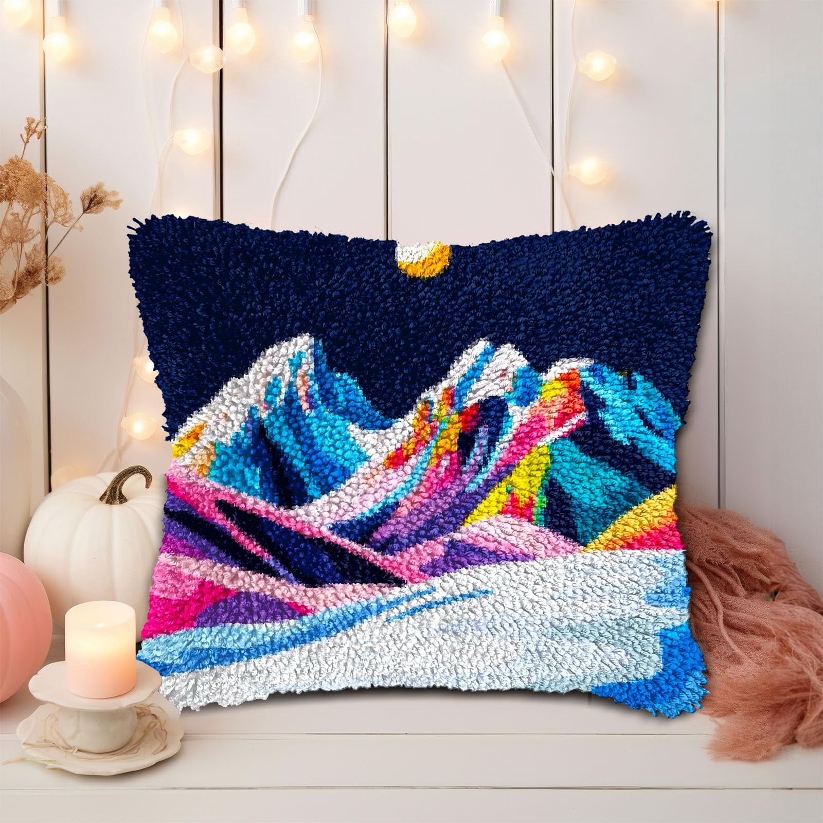 Colorful Snow Mountain Moon DIY Latch Hook Pillow Kits for Adults Printed Pillowcase Crochet Yarns Hooking Handmade Pillow Cover Cushion for Home Sofa Decoration 17x17inch