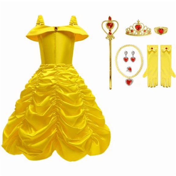 【Sxzmall】10Pcs Princess Costume Dresses for Girls Costumes Halloween Cosplay Birthday Outfit Yellow