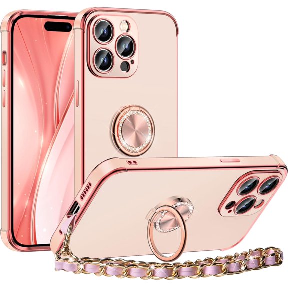 ZUKKASHAN for iPhone 14 Pro Max Case, Ring Holder Stand Luxury Bling Electroplated Phone Case with Strap, Cute Soft TPU for iPhone 14 Pro Max Cover for Women Girls