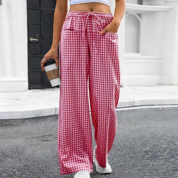 Gingham Print Wide Leg Pants for Women Elastic Waist Plaid Trousers Flowy Palazzo Bottoms Casual Boho Summerwear