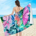 thumbnail image 2 of Super-Sized Tropical Leaf Beach Towel-Fast-Drying An ti-Sand Microfiber, Vibrant Pink with Green Leaves Design, Oversized Rectangular Towel for Pool&amp;Beach, Durable 29x58inch, 2 of 7