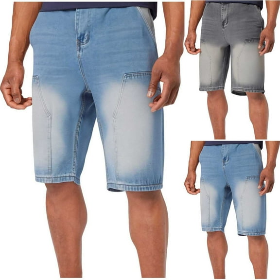 Mens Classic Relaxed Fit Jean Shorts Man Casual Loose Fashionable Button Multi-Pocket Denim Half Shorts Jeans Pants Summer Denim Cargo Shorts Blue