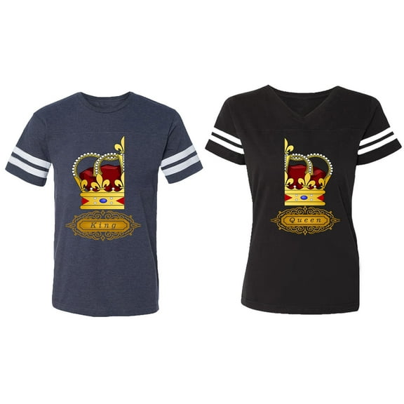 King Queen Red Gold Crown Matching Couple Cotton Jerseys (Men Navy / Women Black) (Men S / Women S)