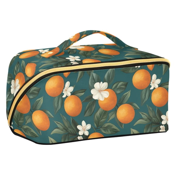 FORMRS Makeup Bag Travel Cosmetic Organizer for Women Fold Flat Zipper Pouch with Handle, Retro Floral Orange