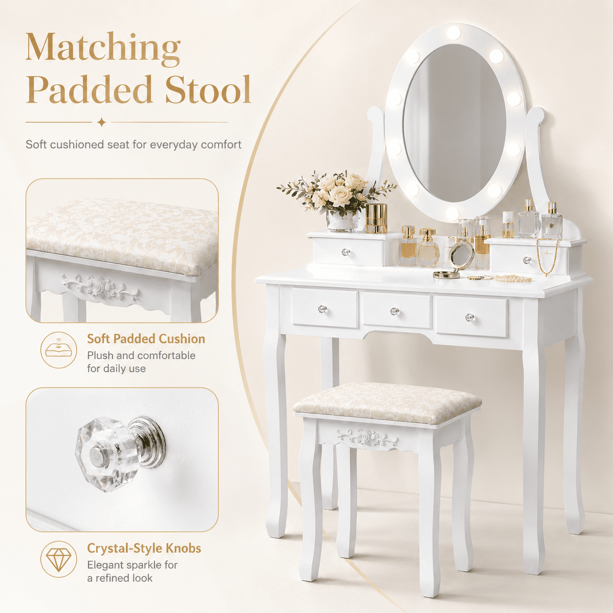Ktaxon Vanity Table 10 LED Lights, 5 Drawers Makeup Dressing Desk with Cushioned Stool Set,Bedroom Vanities Set White