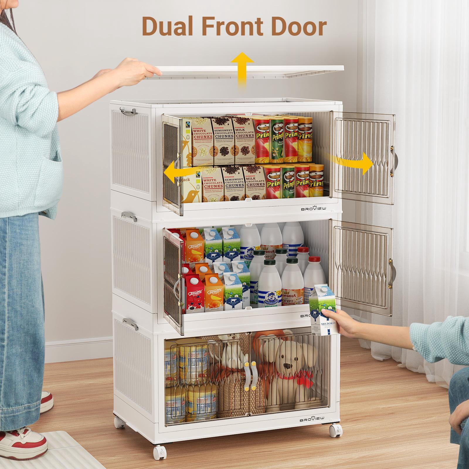 BROVIEW Stackable Storage Bins with Lid Wheels Doors,80QT/20Gal*1Pack Foldable Collapsible Closet Organizers, Plastic Containers Drawers for Bedroom Dorm Garage White