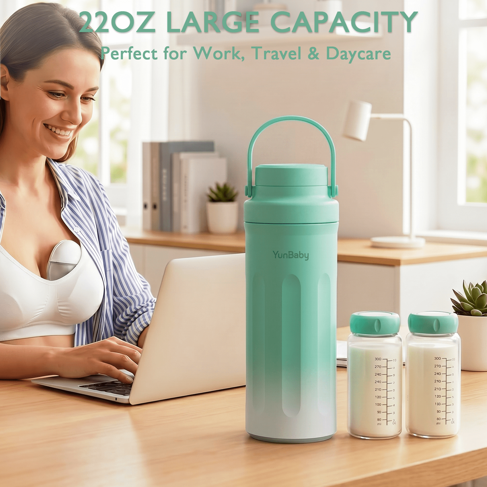 YunBaby 22oz Portable Breast Milk Cooler with Ice Pack, 30-Hour Cooling, Includes 2 Storage Bottles, Travel Essential, Green to White Gradient