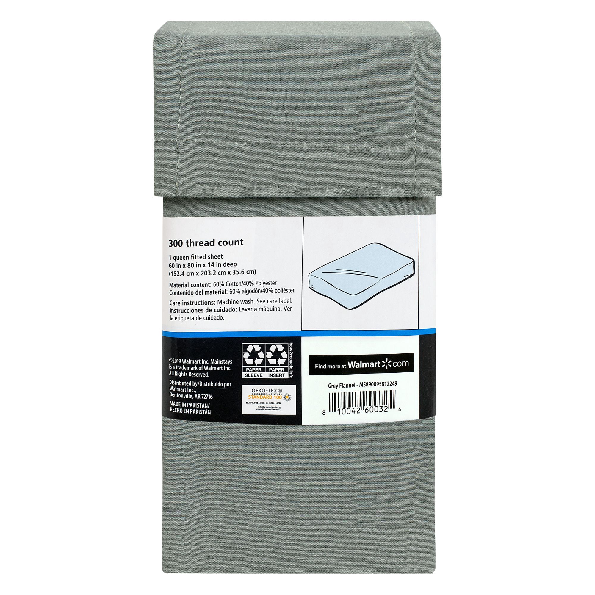 Mainstays 300TC Cotton Rich Percale Easy Care Bed Sheet Set, Grey Queen Fitted Sheet