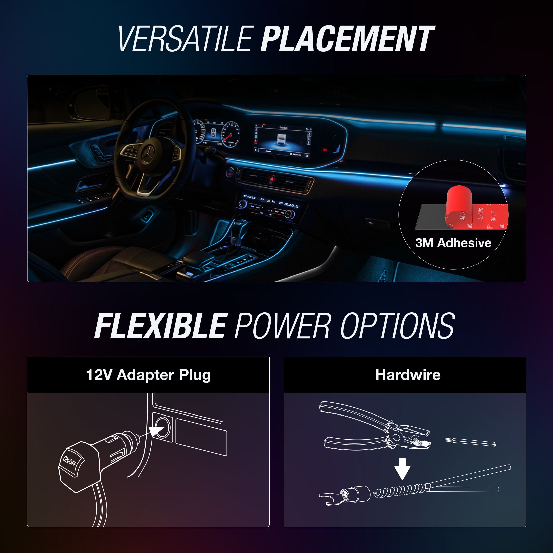 TYPE S - Infinite Glow Blue LED Ambient Lighting - Car LED Strip Lights, Light Sync Technology, 3M Adhesive, Trimmable, 12V, 2 x 12" Blue Strips, 24 inches