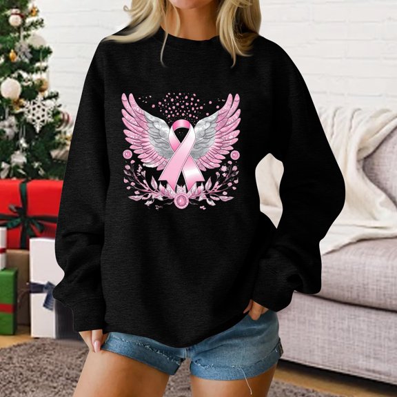 Womens Breast Cancer Shirt Long Sleeve Pink Ribbon Angel Wings Print Sweatshirt Breast Cancer Awareness Support Survivor Pullover Crew Neck Tops