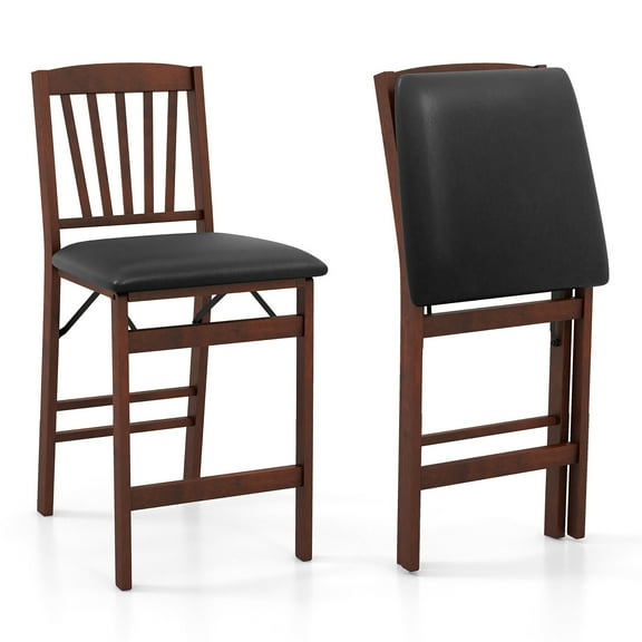 Gymax Folding Counter Height Chairs, Padded Seat, Rubber Wood Legs, Black/Brown (Set of 2)