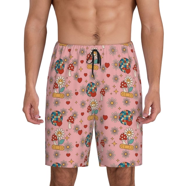 Balery Retro 70s 60s Hippie Flower Pantalones cortos de pijama de punto de algodón para hombre con cinturilla y bolsillos-XX-Large