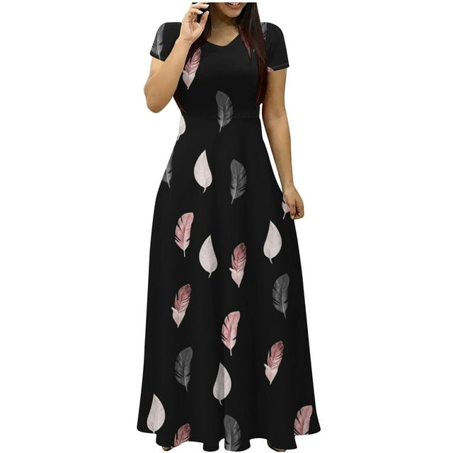 Vestido de Manga Corta para Mujeres Sexy Impreso Cuello en V Vestido Largo Delgado, Moda de las Señoras para la Primavera Y el Verano
