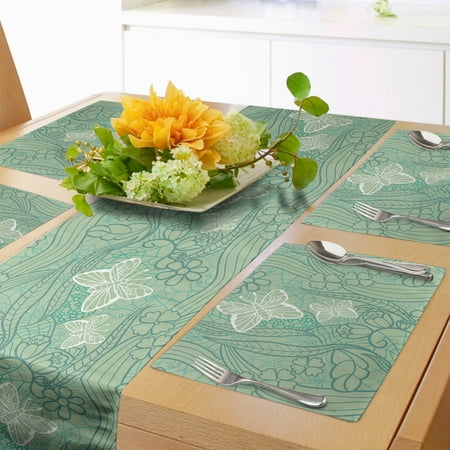 

Green Table Runner & Placemats Lace Style Graphic Pattern of Flourishing Forest Elements Butterflies Set for Dining Table Decor Placemat 4 pcs + Runner 16 x90 Pale Green Turquoise by Ambesonne