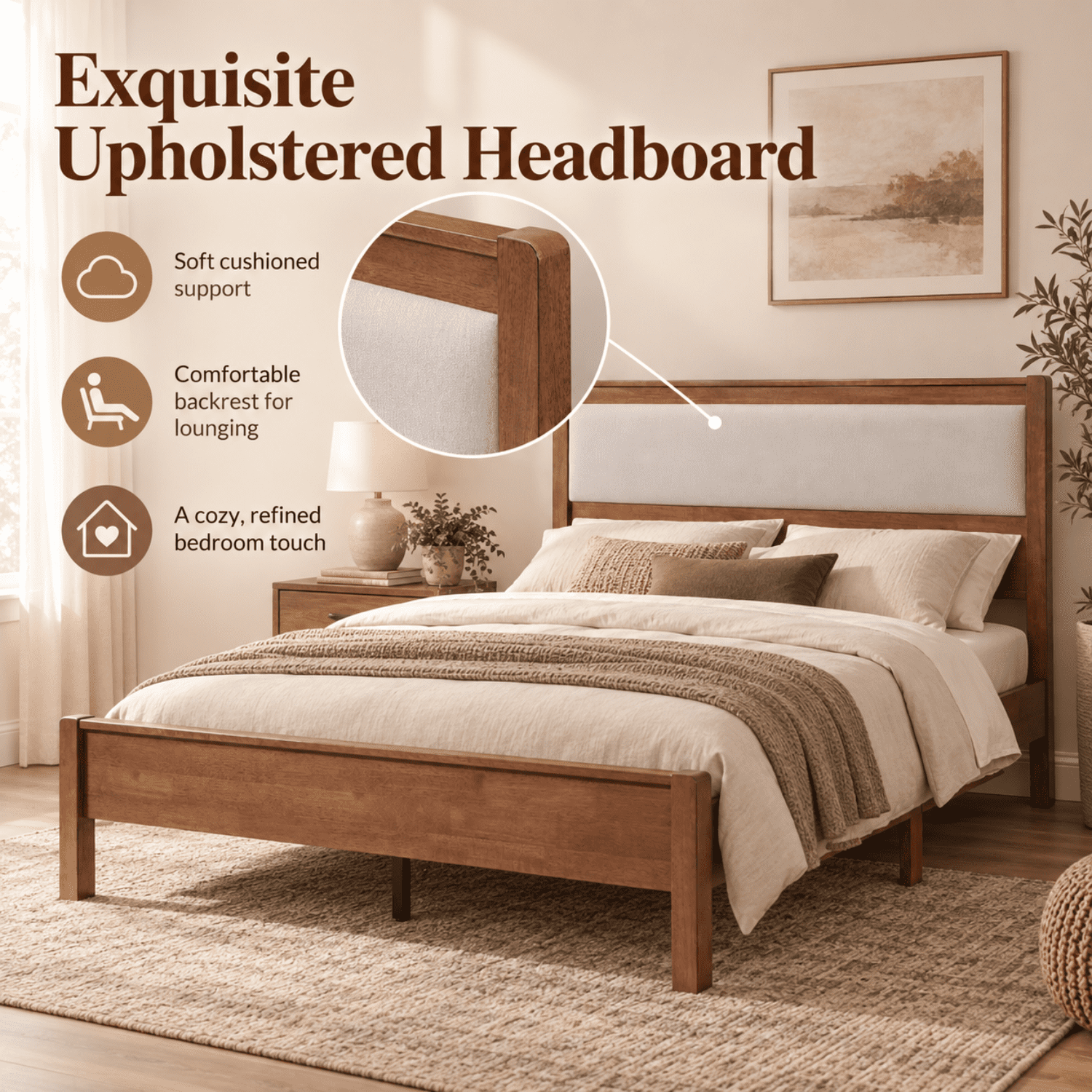 Miniyam Queen Rubberwood Platform Bed Frame with Padded Upholstered Headboard, Brown