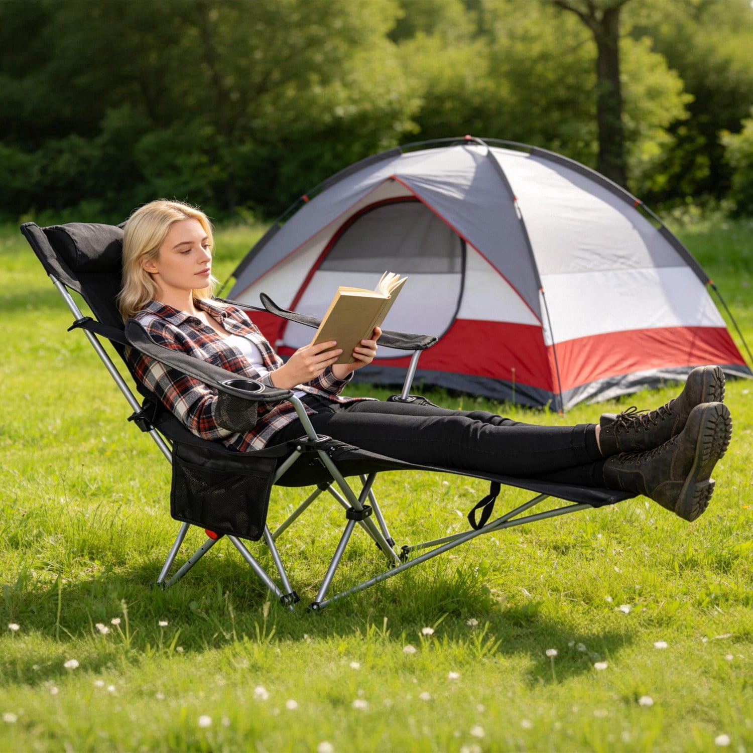 4-Position Reclining Folding Camping Chair with Detachable Footrest, Carbon Steel Frame Waterproof 600D Oxford Lawn Chair with Cup Holder Side Pocket for Fishing Beach Backyard