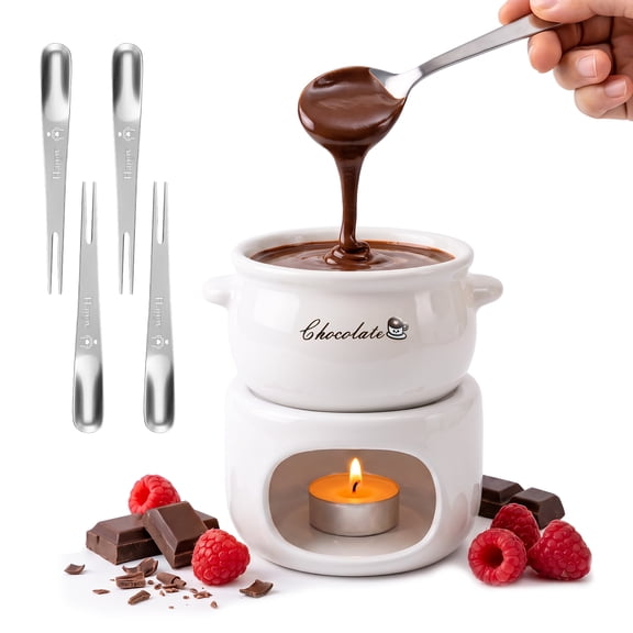 Chocolate Melting Pot with Ceramic Pot, 4 Stainless Steel Forks, Chocolate Fondue Set or Cheese Fondue & Tea Light Butter Warmer