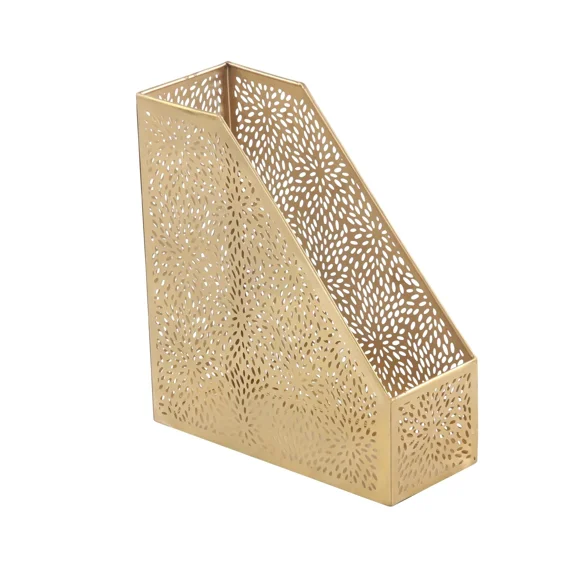 12" Gold Metal Single Slot Magazine Holder With Laser Carved Floral Design
