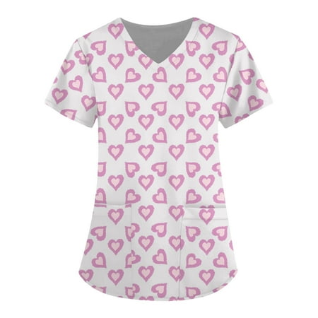 

CYMMPU Women s V-Neck Scrub Tops Clearance Clothes for 2023 Valentine s Day Comfy Short Sleeve Shirts for Women Love Heart Printing Tops Workwear Nurse Uniform Trendy Hot Pink XXL