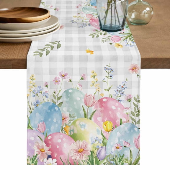 Easter Eggs Table Runner, Spring Daisy Eucalyptus Leaves Gray Plaid Washable Cotton Linen Table Runners 72 Inches Long, Dresser Scarf Runner for Dining/Coffee/Kitchen/TV Stands/Cabinets 13''x72''