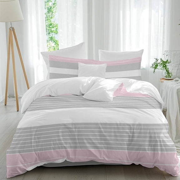 3 Piece Pink Striped Duvet Cover Set California King,Microfiber Comforter/Quilt Cover with Corner Ties and 2 Pillowcases,Multicolor Grey White Horizontal Stripes Soft Bedding with Zipper Closure