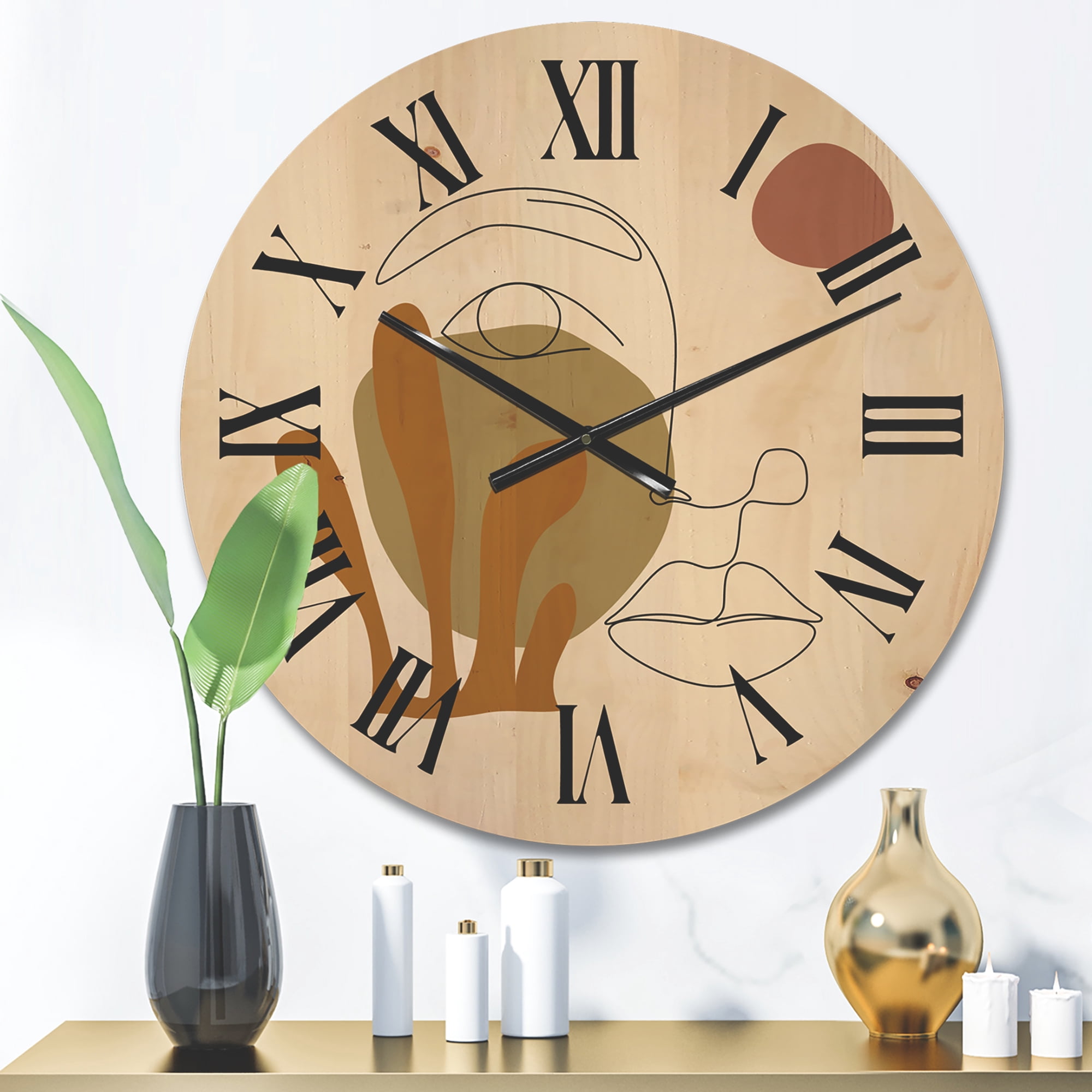 Designart 'One Line Art Portrait of Female In Terracotta Tones' Modern Wood Wall Clock