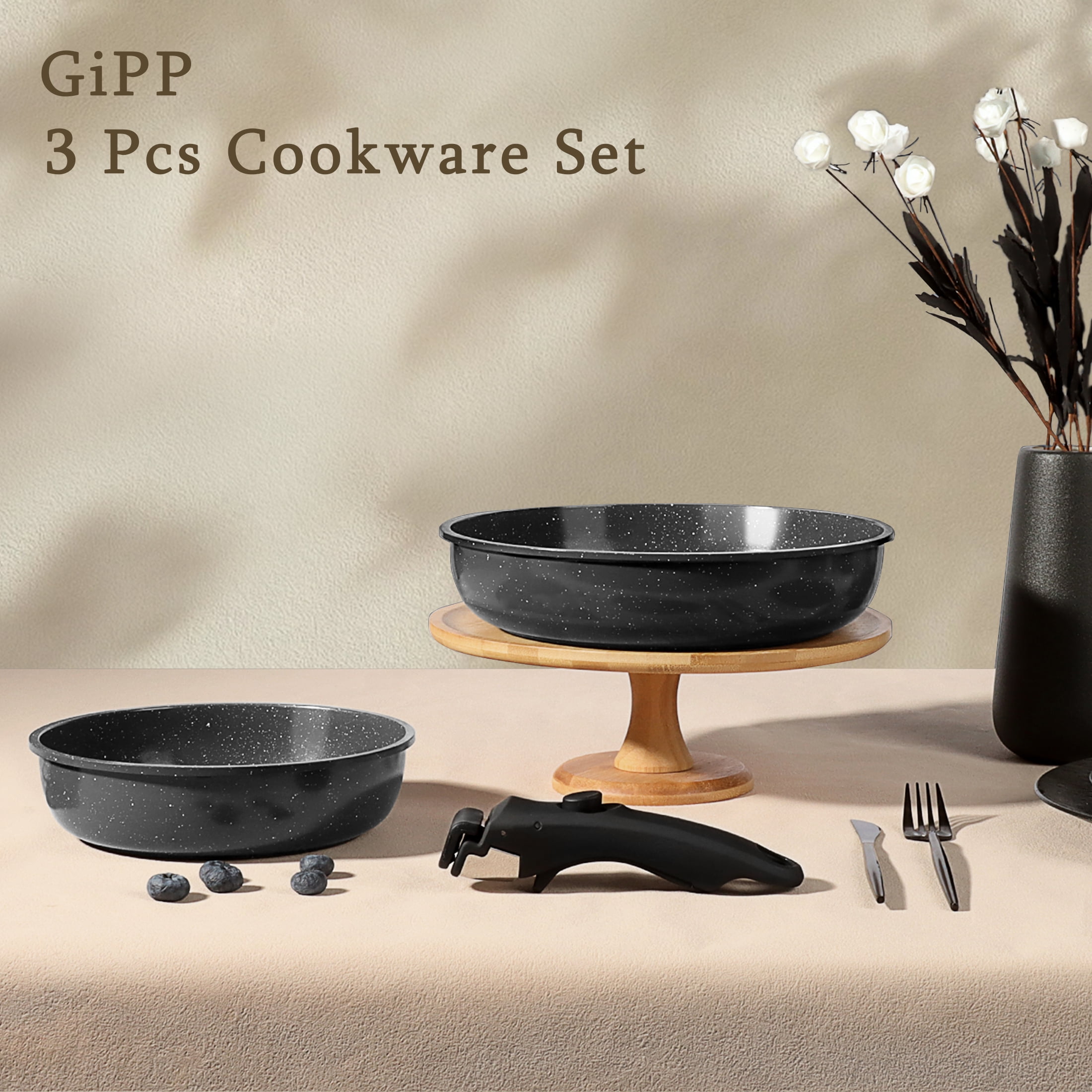 GIPP 3pcs Ceramic Non Stick Frying Pans Set,Skillet Non Stick With Removable Handle Oven & Dishwasher Safe,Induction Cookware