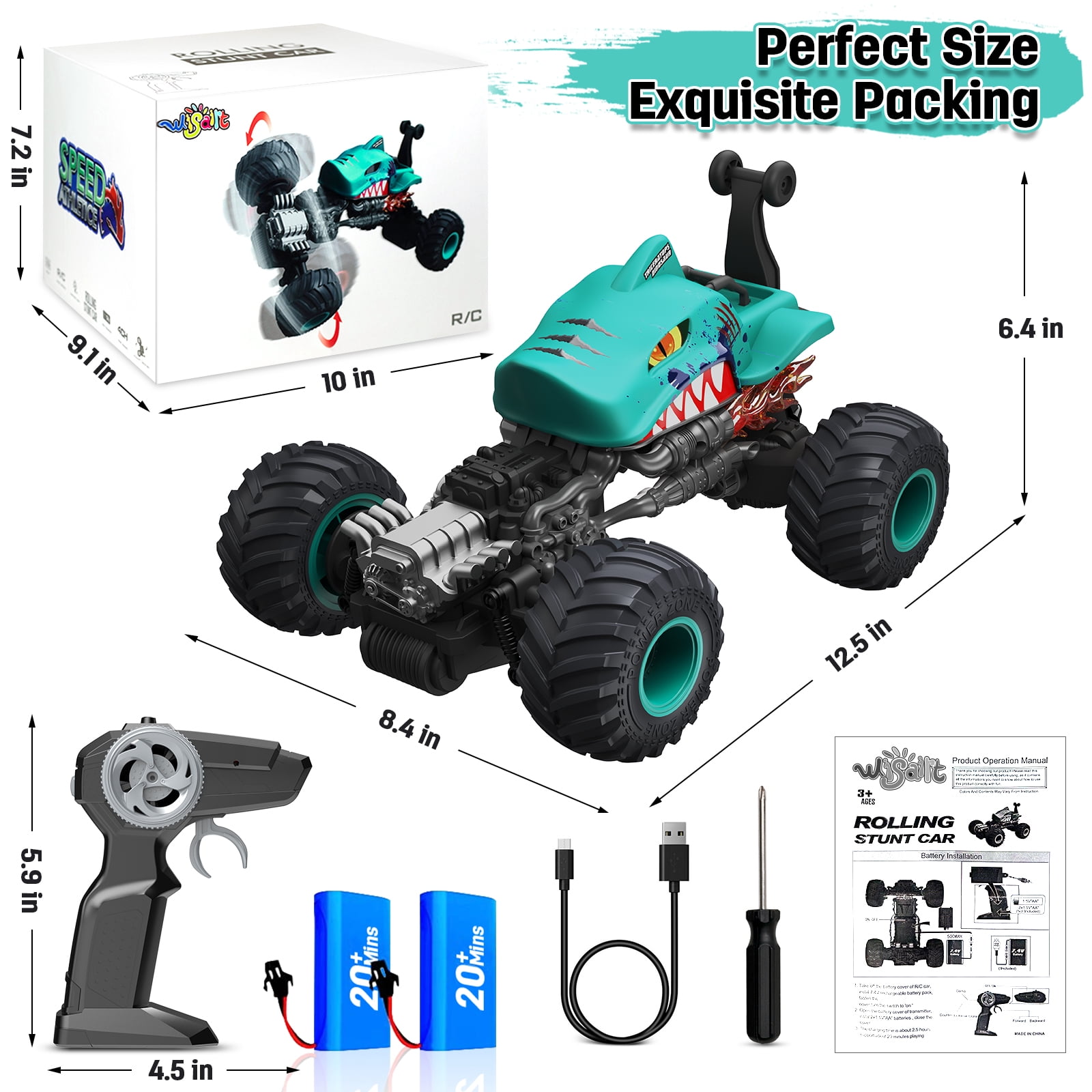 Wisairt Remote Control Monster Truck,1:14 4WD Remote Control Toys 360 Degrees Rotation Shark RC Car for Kids Boys Girls Age 5-12 Birthday Gifts(Blue)