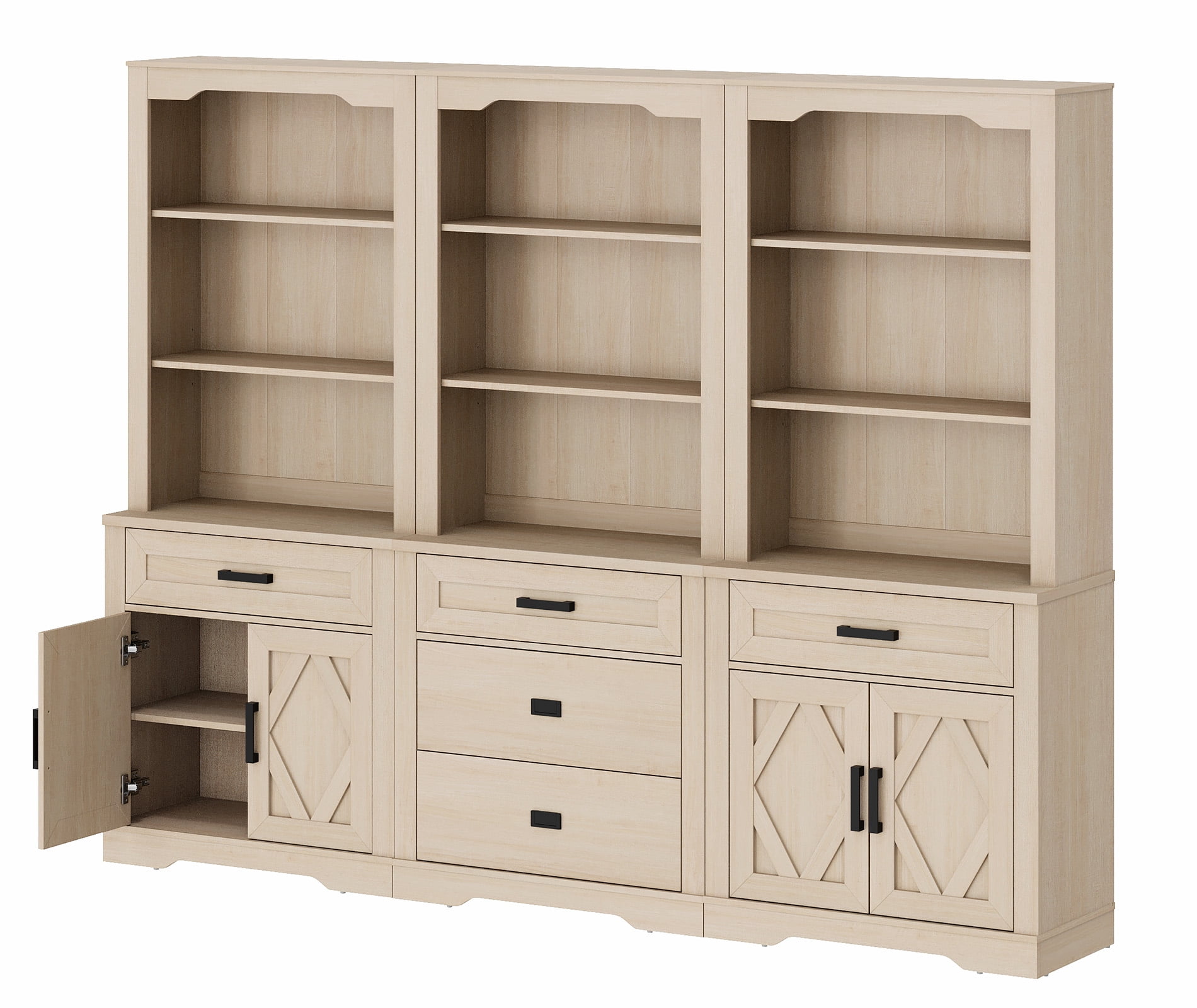 WAMPAT 3 Column Bookcase with Drawer,73.3" Tall Floor Standing Bookshelf,Modern Farmhouse Display Storage Cabinet with Adjustable Shelves,Light Oak