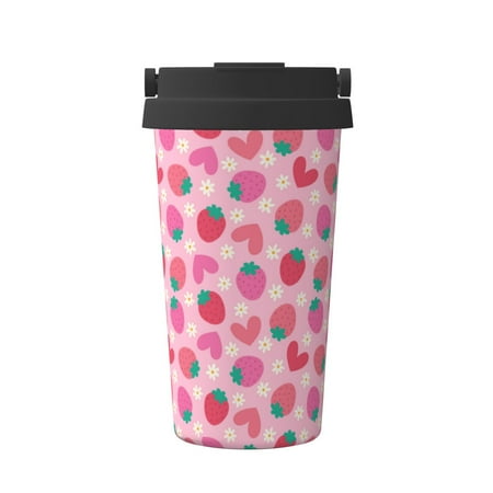 

Xecao Haear Strawberry Pattern Insulated Coffee Mug with Handle & Flip Thermos Mug Water Bottle Coffee Tumbler Cup
