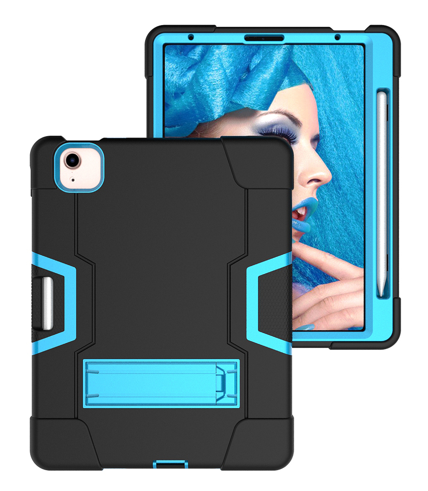 Allytech iPad Air 5 Case 2022, iPad Air 4 Case 2020, Heavy Duty Protection Shockproof Build In Kickstand Pencil Holder Kids Friendly Case for Apple iPad Air 5th 4th Generation, BlackBlack/Blue