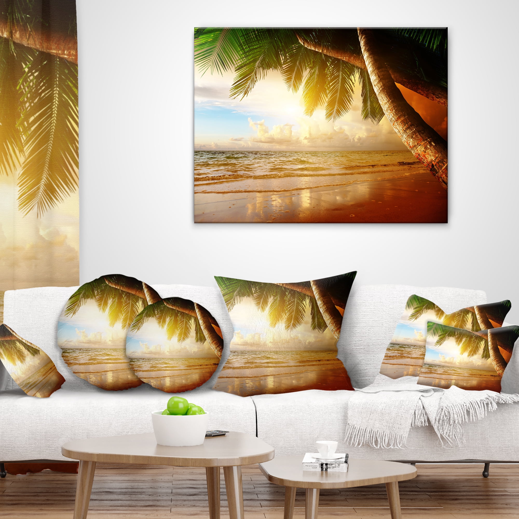 Designart Caribbean Beach Sunrise - Landscape Photo Throw Pillow - 12x20