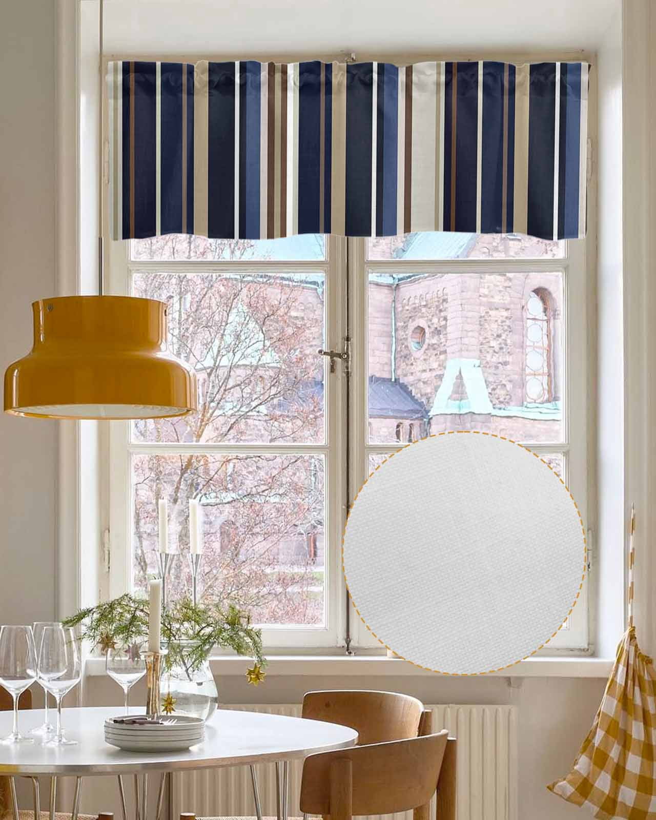 Faux Linen Valances for Windows Blue Brown Stripes Curtains Valance Light Filtering Rod Pocket Small Window Treatment for Kitchen Living Room Bedroom 54x18In