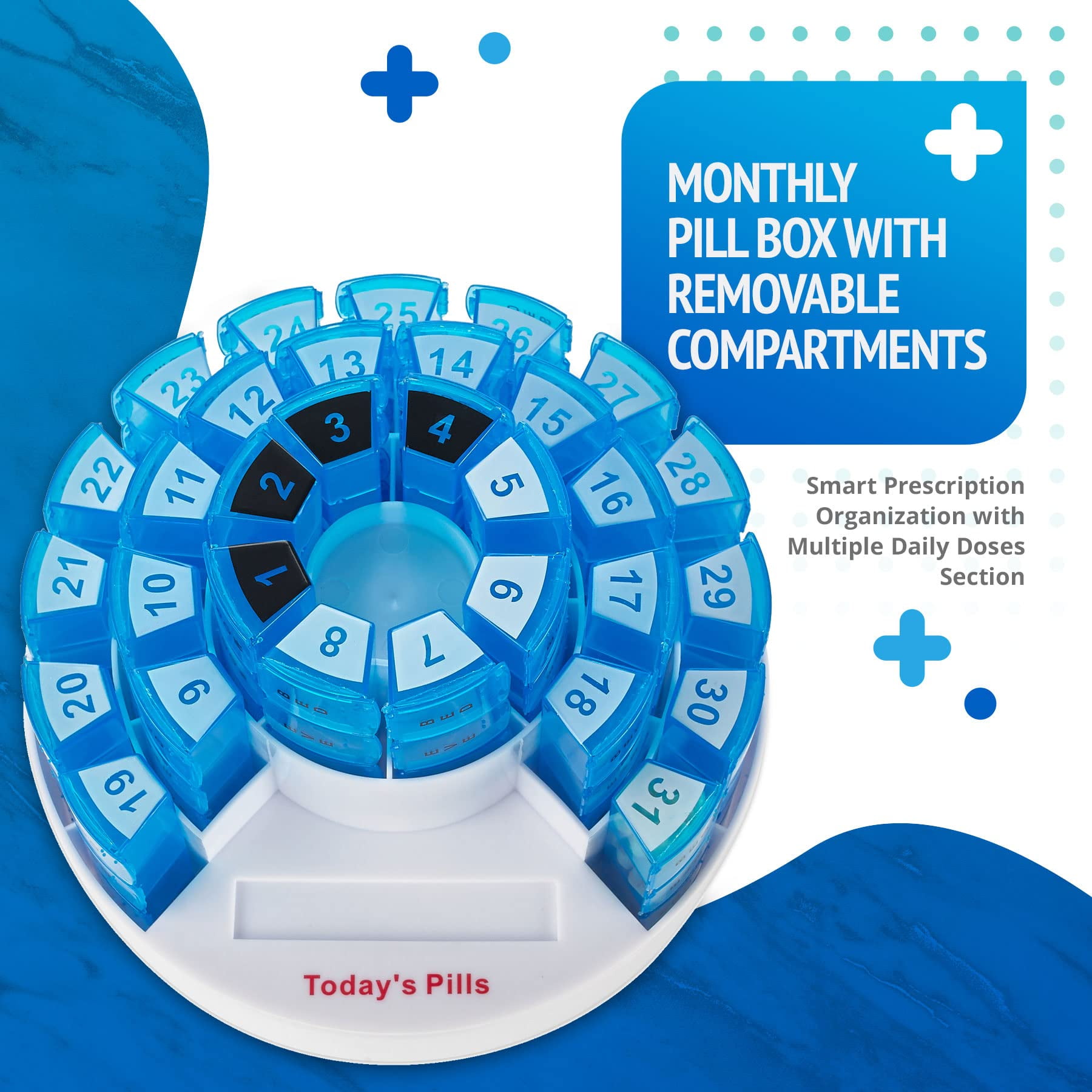 MEDca Monthly Pill Box - Smart Prescription Organization with 31 Compartments, Blue
