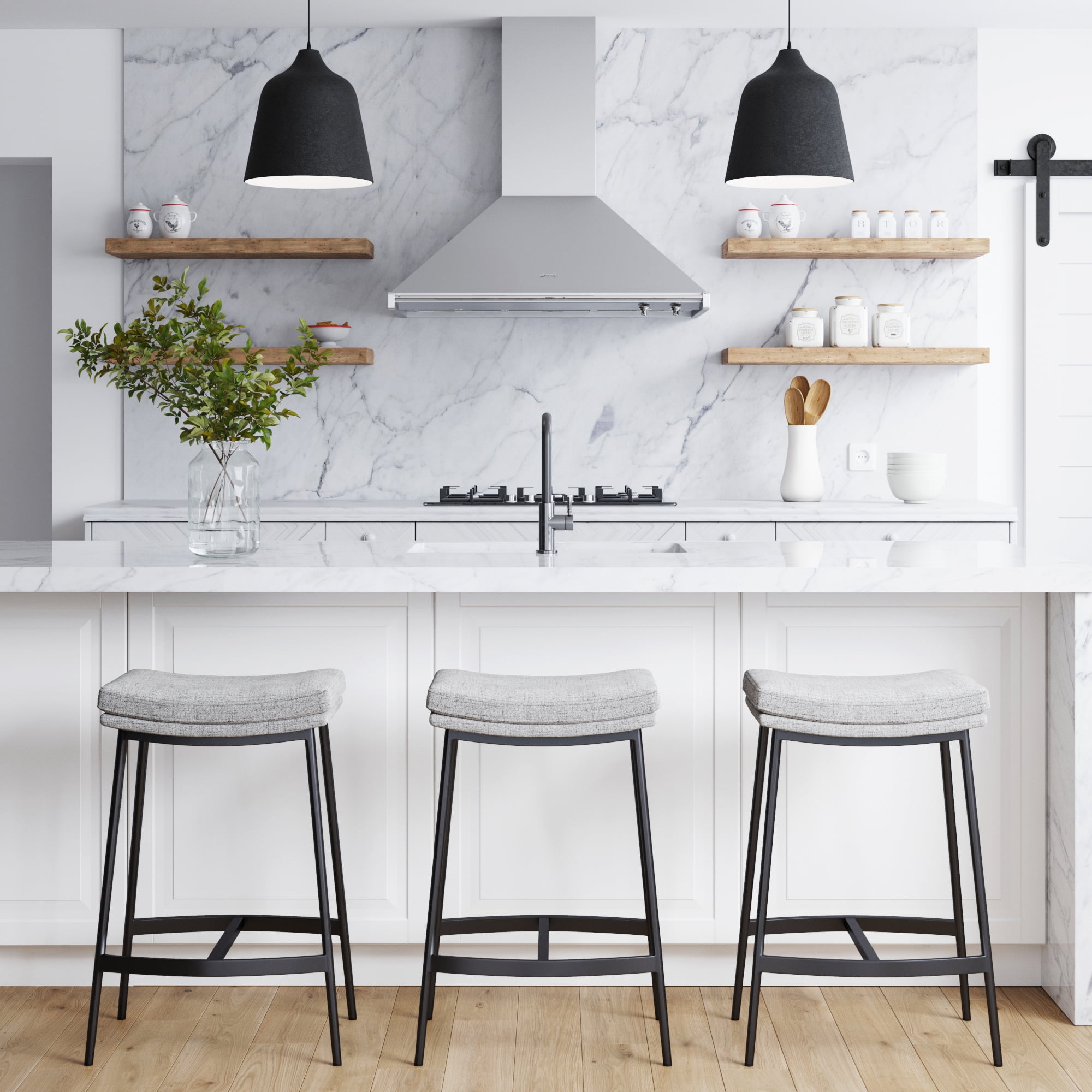 Nathan James Arlo Modern Backless Upholstered Kitchen Counter Bar Stool with Saddle Seat and Metal Base, Grey/ Matte Black