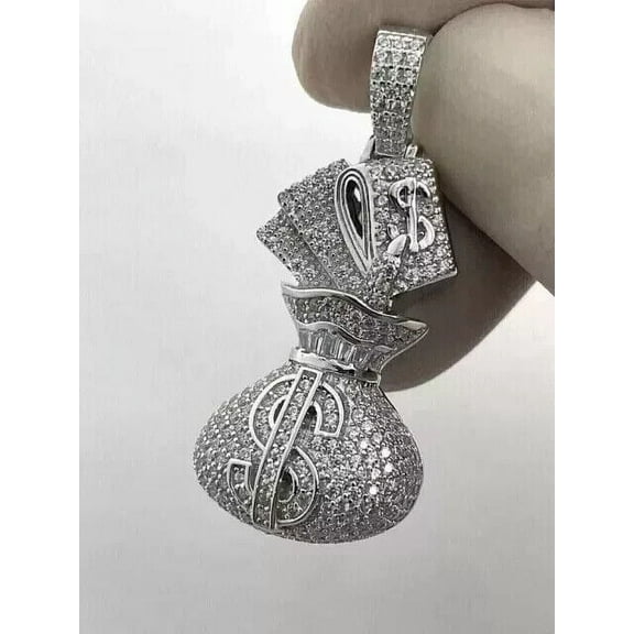 Aishvi Jewels 2.50 Ct Round Cut Real Moissanite Dollar Money Bag Men's Pendant With 18" Chain 14K White Gold Plated 925 Sterling Silver